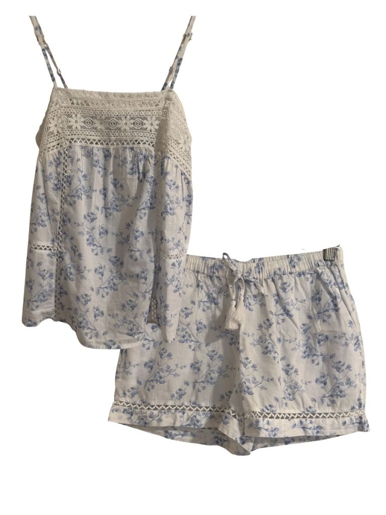 Nwt Caroline Constas New York White Blue Floral Lace Trim Cami And Shorts Set